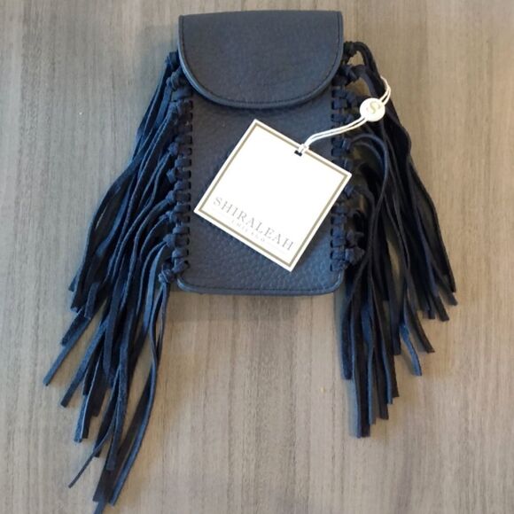 NWT SHIRALEAH Boho Navy Blue Leather Fringe on Sides Snap Purse/Clutch 4 x 7 - Picture 1 of 10